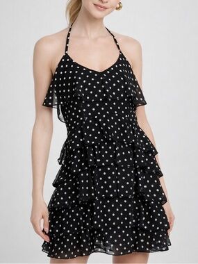 🆕 AQUA Black Polka Dot Ruffle Tiered Mini Dress Halter Neck Flowy Chiffon Size L